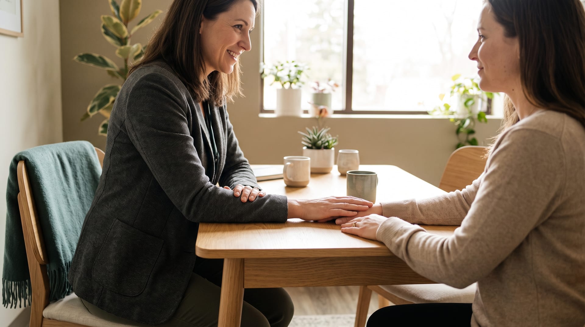 A warm consultation between a clinician and a patient in a bright modern clinic