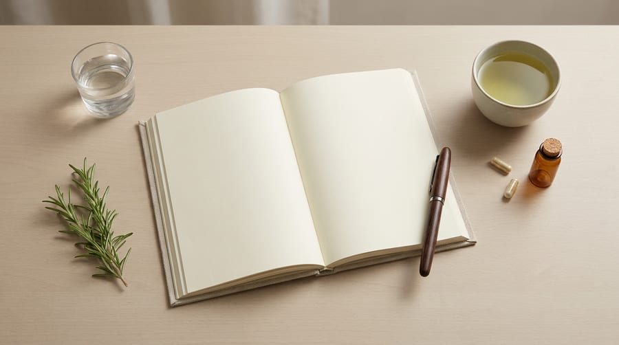 An open journal on a light table with tea, water, a rosemary sprig, capsules, and an amber vial